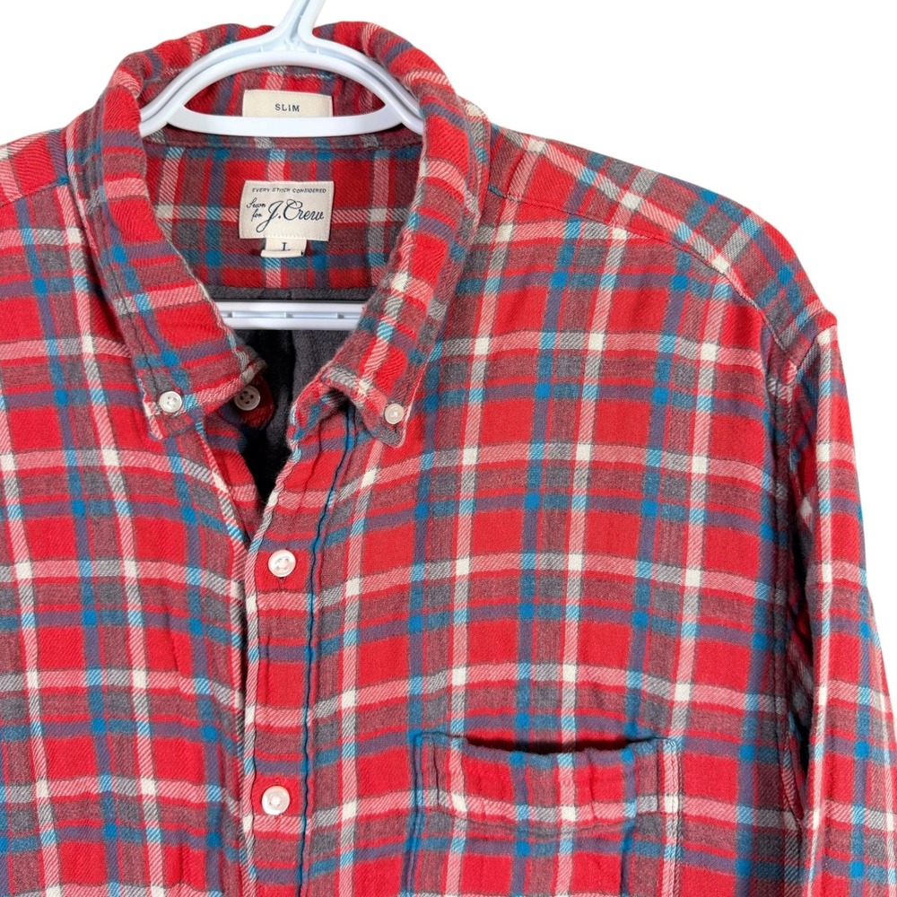 J.Crew Lined Flannel Shirt Mens L Red Plaid Slim Fit Long Sleeve Button Down‎